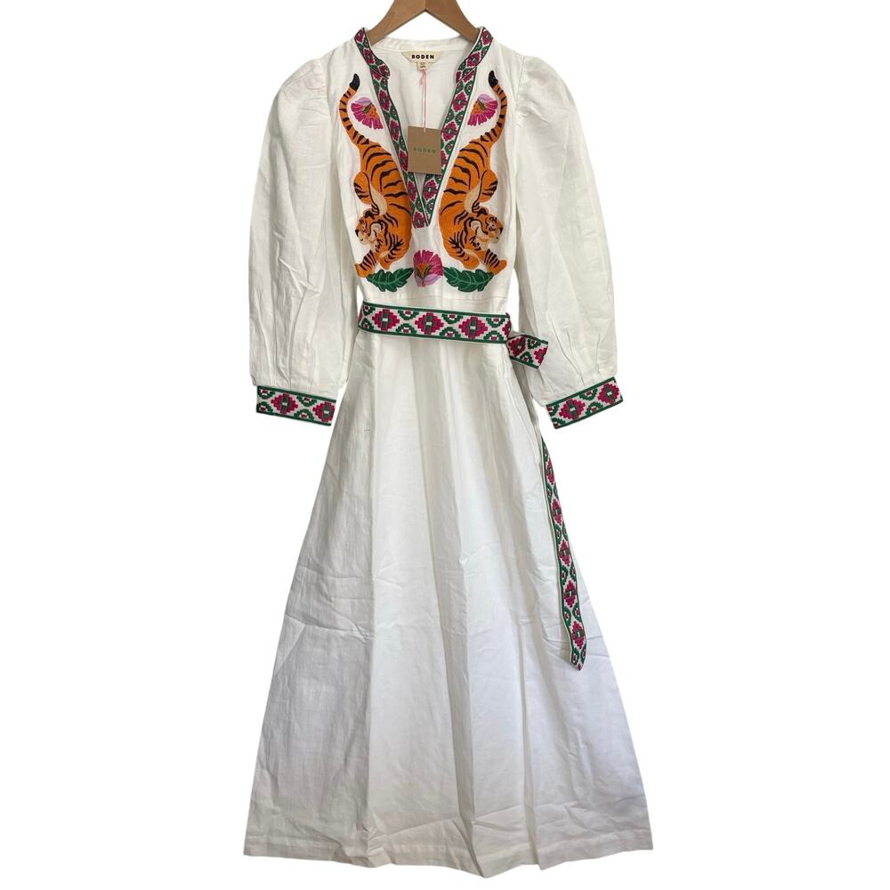Boden Octavia Linen Blend Midi Dress Women’s Size 6 Long Embroidered Tiger Boho - Picture 2 of 15